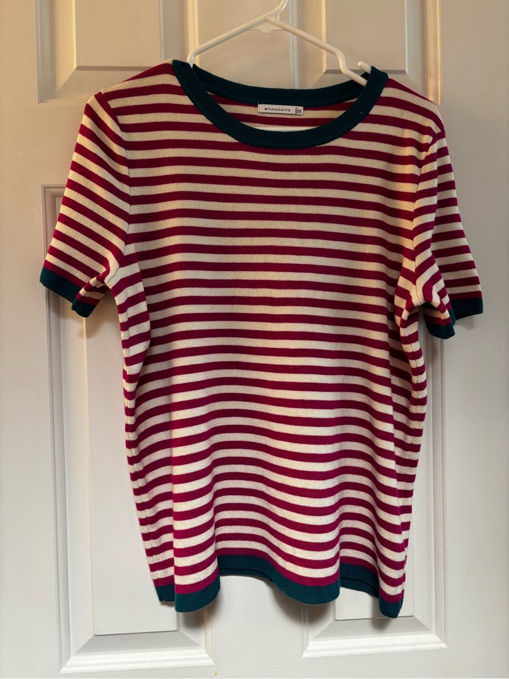 Staccato Pink & White Striped Short Sleeve Sweater with Dark Teal Trim